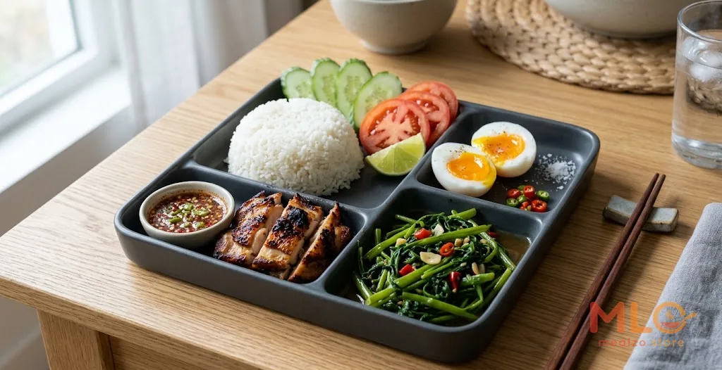 มื้ออาหารสมดุลที่ปรุงสดใหม่จากแผนอาหารในกรุงเทพฯ ประกอบด้วยข้าว ผัก และอาหารโปรตีน
