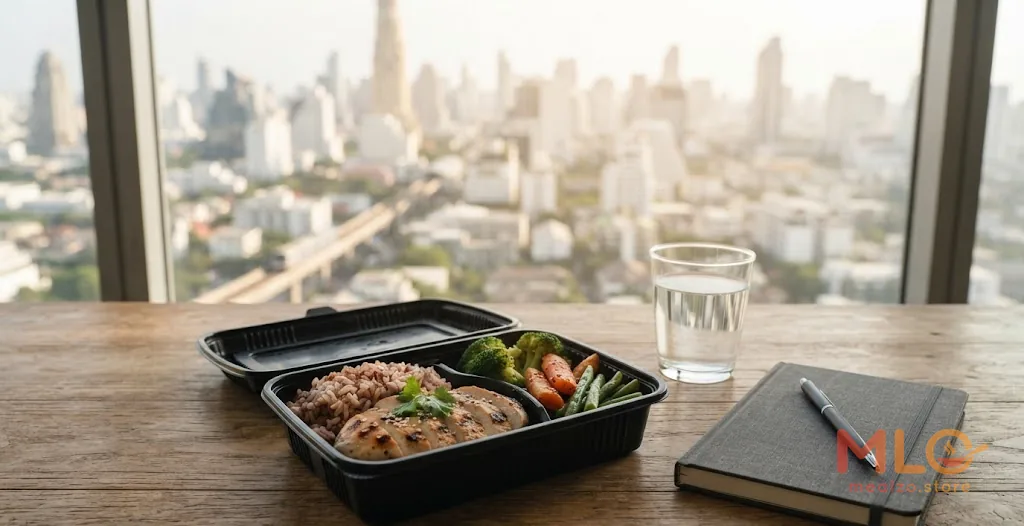อาหารสมดุลสดใหม่จาก meal plan ในกรุงเทพฯ พร้อมผัก ธัญพืช และแหล่งโปรตีนจัดเสิร์ฟในจาน