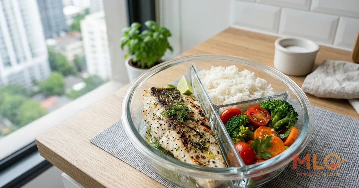 มื้ออาหารสดใหม่ที่จัดอย่างสมดุลจากแผนอาหารในกรุงเทพฯ ประกอบด้วยปลาย่าง ผักหลากสี และข้าว