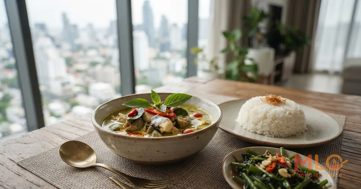 มื้ออาหารสมดุลสดใหม่จากแผนอาหารในกรุงเทพฯ มีข้าว ผัก และแกงสไตล์ไทย