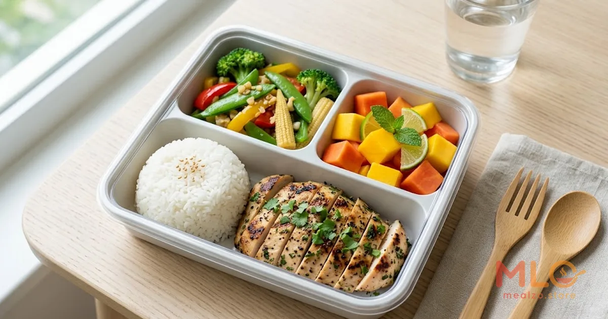 อาหารเพื่อความสมดุลที่ปรุงสดใหม่ มีโปรตีน ผัก และข้าว จากแผนอาหารจัดส่งในกรุงเทพฯ